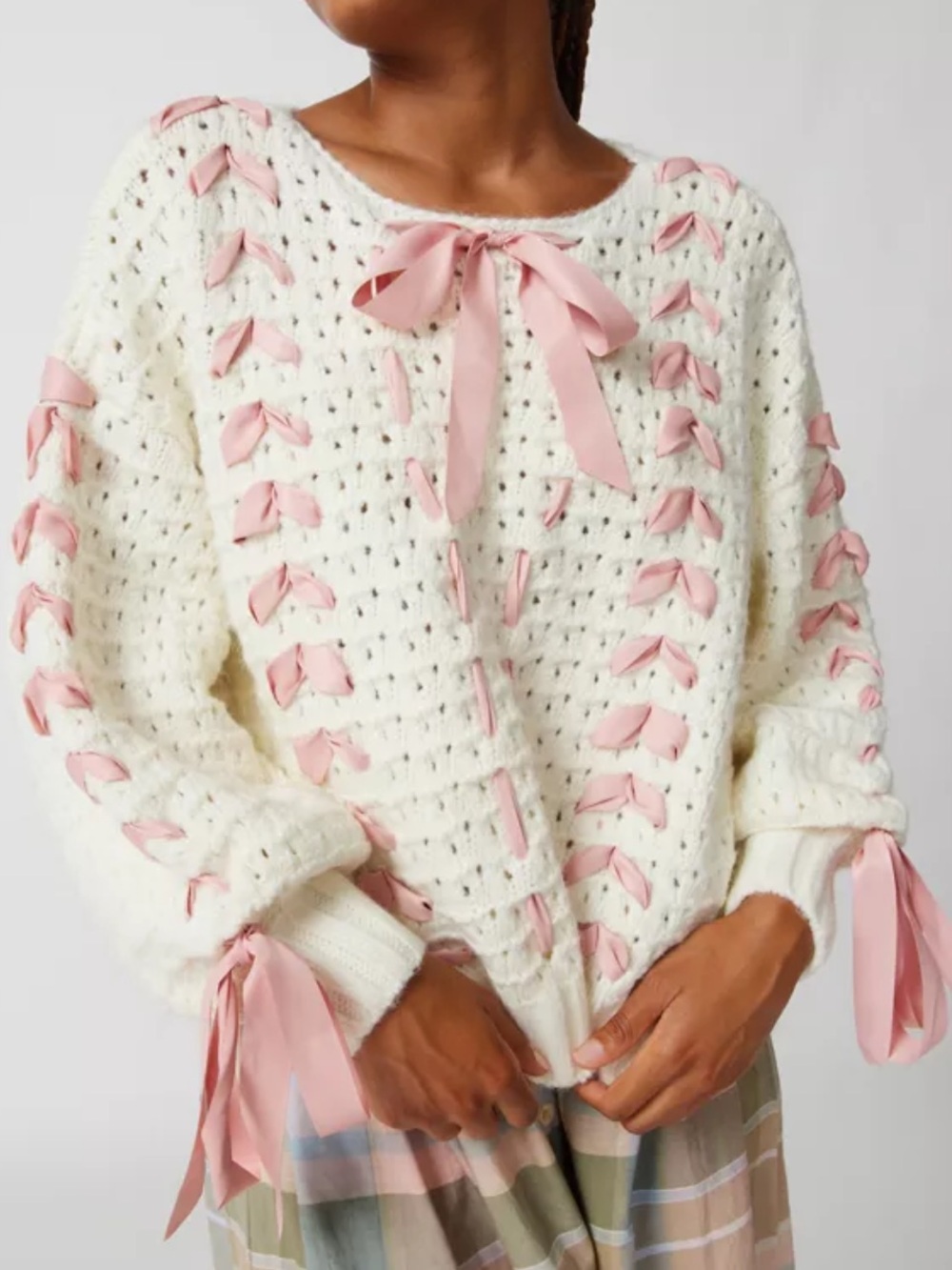 For Love & Lemons Laurel Oversized Cream & Pink Ribbon Sweater size small NEW - Picture 8 of 14